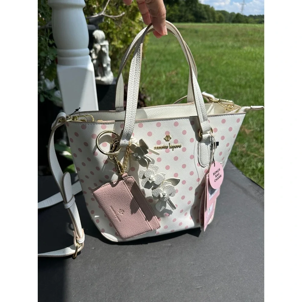 Nanette Lepore White Pink Polka Dot Satchel Handbag Crossbody Bag Charm NWT